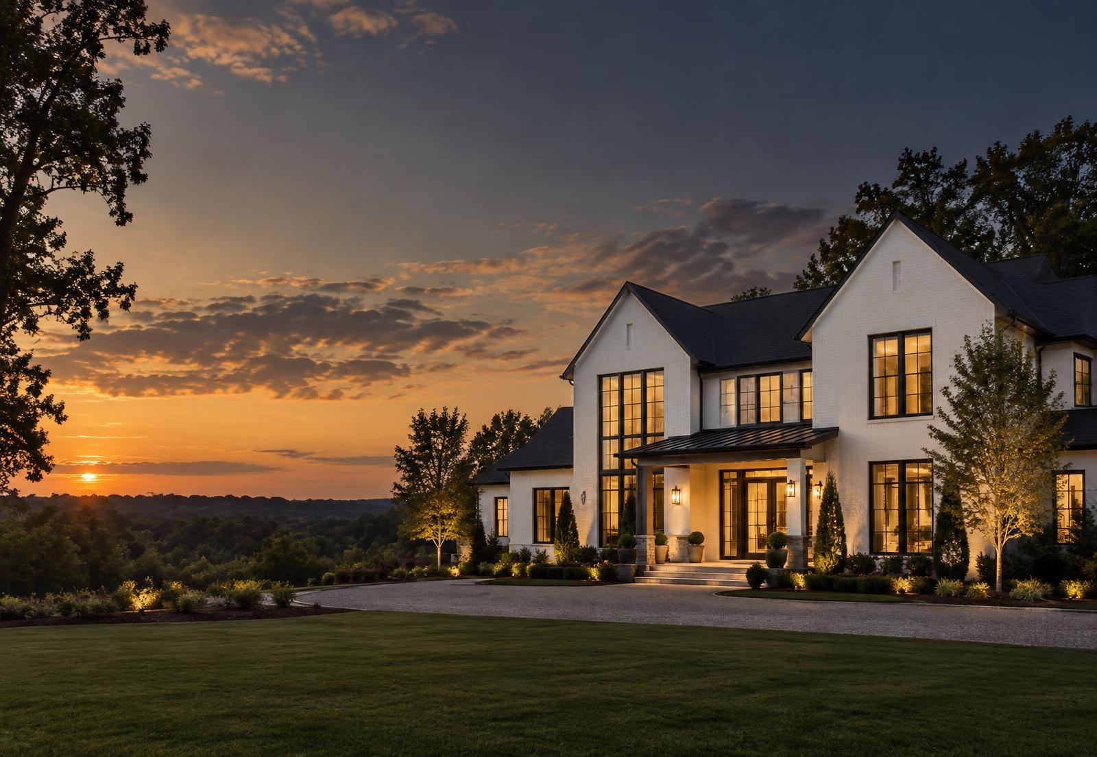 Representative new-construction home exterior at dusk