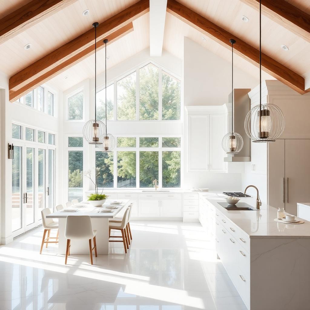 Sunlit luxury new-construction kitchen with exposed wood beams