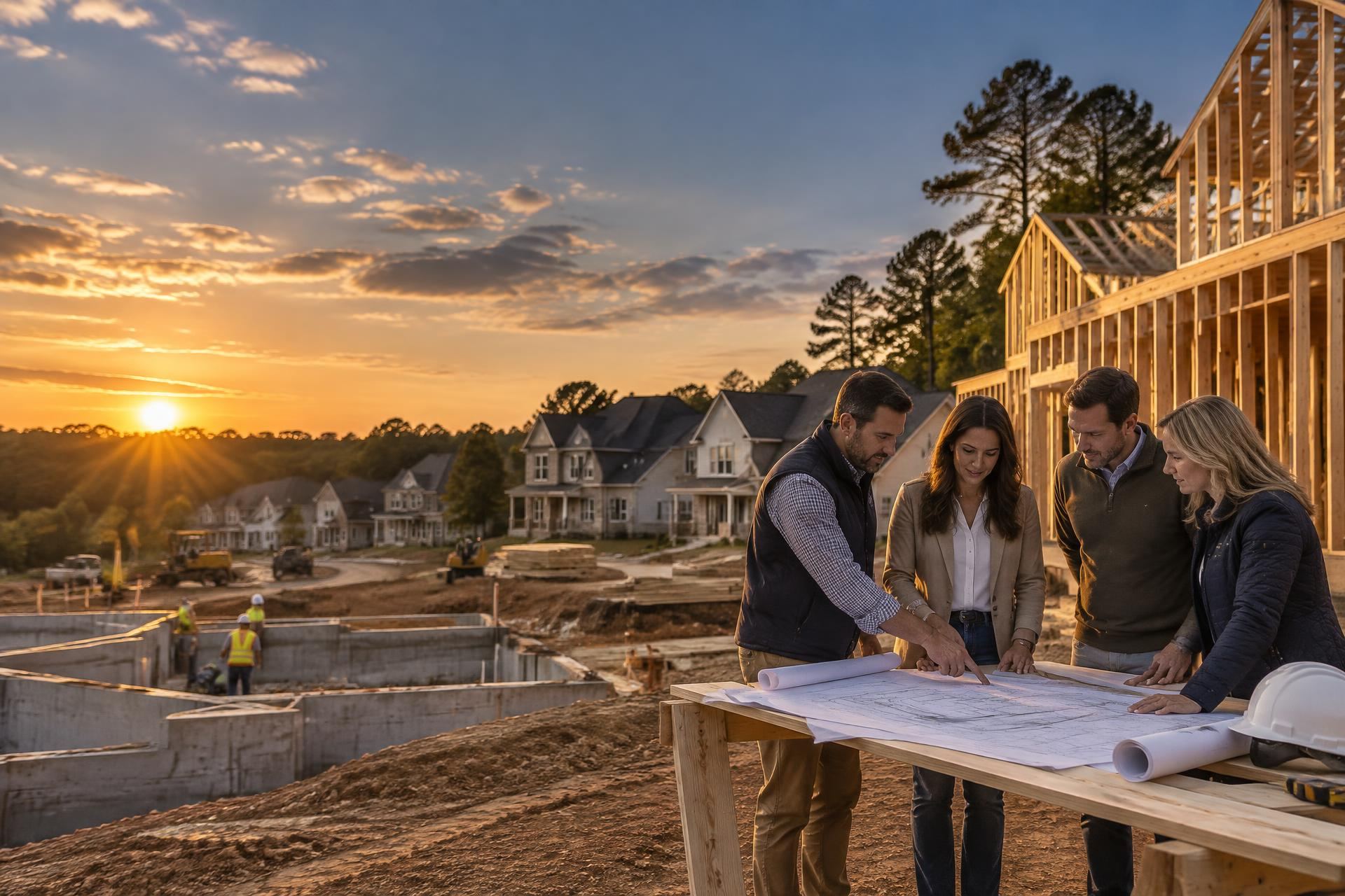 Builders reviewing plans at a Triangle residential jobsite at golden hour