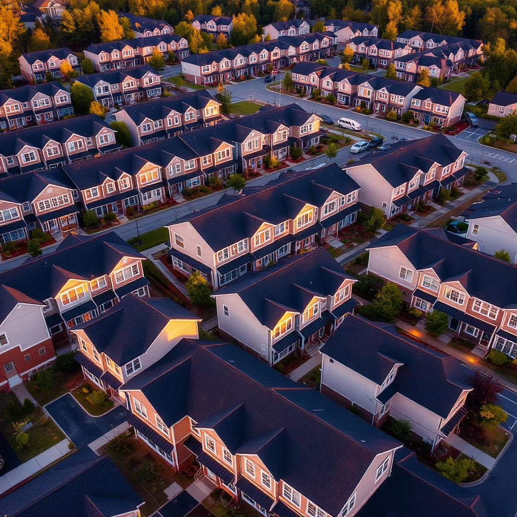 Aerial view of a planned townhome community at sunset